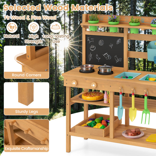 Outdoor Play Pretend Kitchen with Faucet and Removable Sinks for Children Aged 3+-Natural