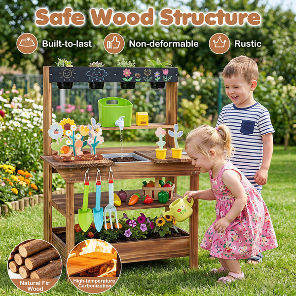 Outdoor Wood Mud Kitchen with Water Faucet and Planter for Kids Age 3+-Brown