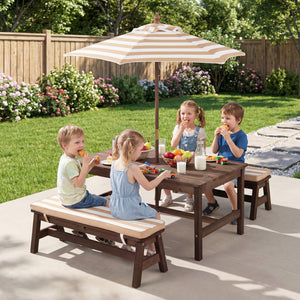 Outdoor Wooden Kids Picnic Table with Removable Umbrella and Cushions