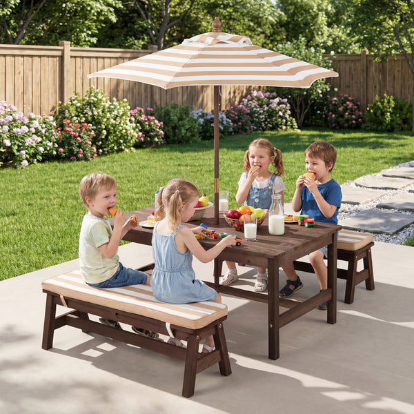 Outdoor Wooden Kids Picnic Table with Removable Umbrella and Cushions