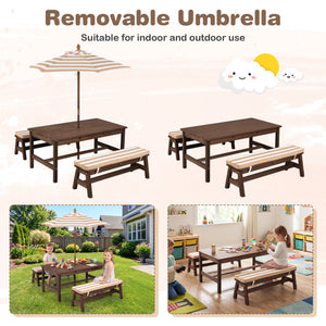 Outdoor Wooden Kids Picnic Table with Removable Umbrella and Cushions
