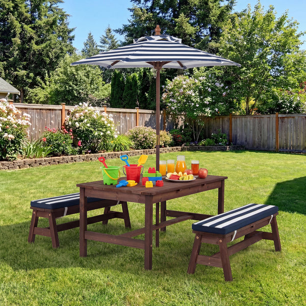 Outdoor Wooden Kids Picnic Table with Removable Umbrella and Cushions