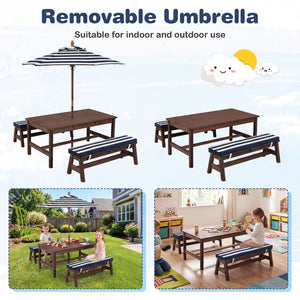 Outdoor Wooden Kids Picnic Table with Removable Umbrella and Cushions