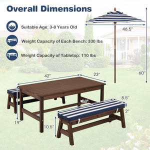 Outdoor Wooden Kids Picnic Table with Removable Umbrella and Cushions