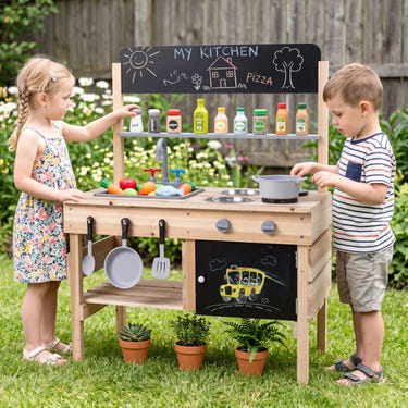 Outdoor Wooden Mud Kitchen for Kids with Sink and Stoves-Natural