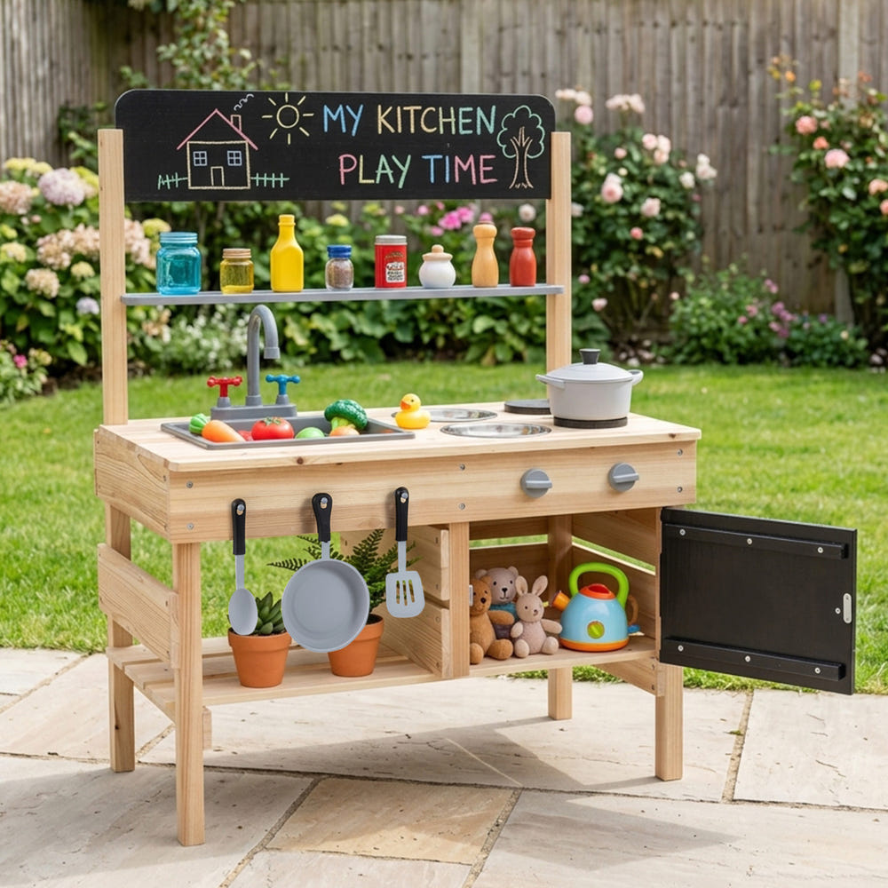 Outdoor Wooden Mud Kitchen for Kids with Sink and Stoves-Natural