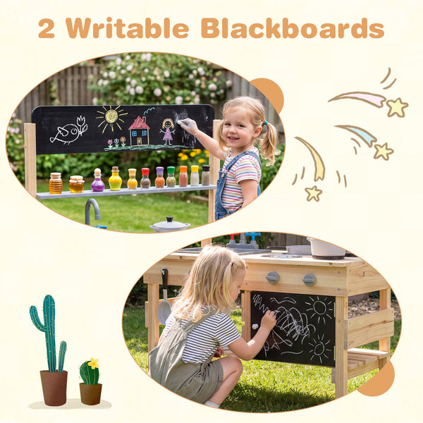 Outdoor Wooden Mud Kitchen for Kids with Sink and Stoves-Natural