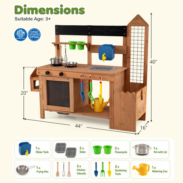 Outdoor Wooden Mud Kitchen with Planter Box and Sink for Toddlers-Natural