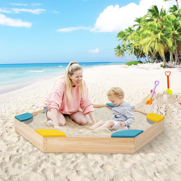 Outdoor Solid Wood Sandbox with 6 Built-in Fan-shaped Seats for Kids with Cover