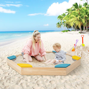 Outdoor Solid Wood Sandbox with 6 Built-in Fan-shaped Seats for Kids with Cover