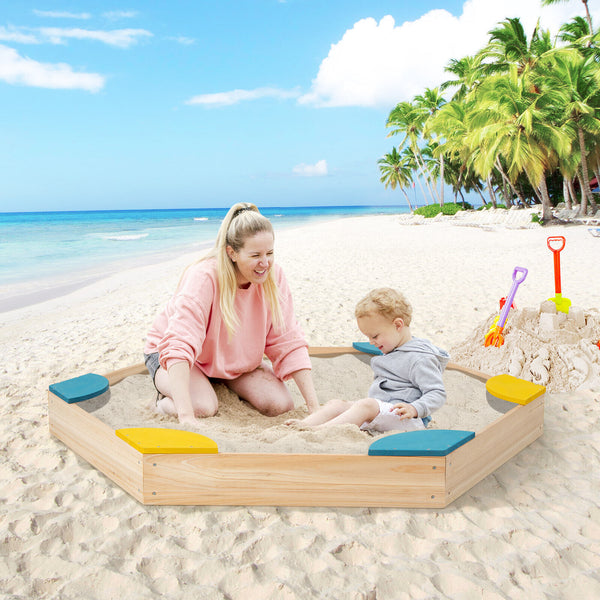 Outdoor Solid Wood Sandbox with 6 Built-in Fan-shaped Seats for Kids with Cover