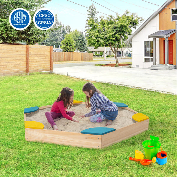 Outdoor Solid Wood Sandbox with 6 Built-in Fan-shaped Seats for Kids with Cover