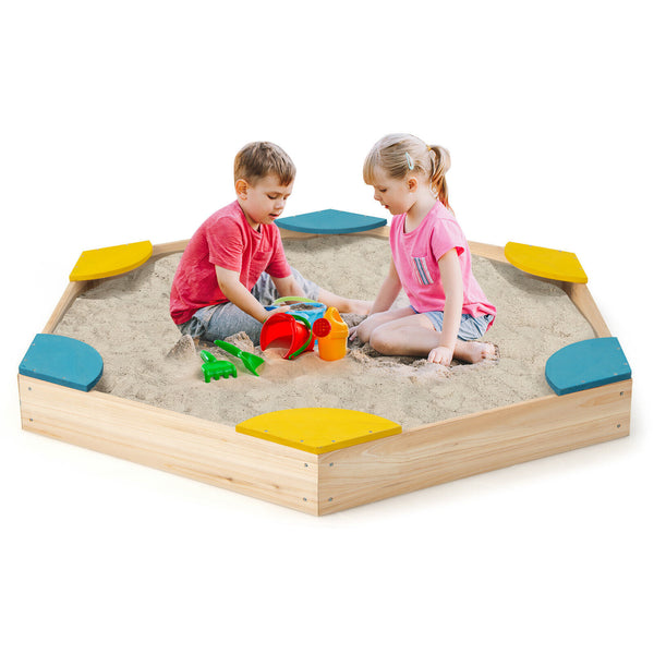 Outdoor Solid Wood Sandbox with 6 Built-in Fan-shaped Seats for Kids with Cover
