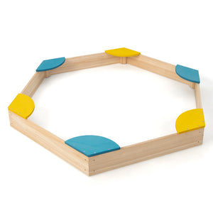 Outdoor Solid Wood Sandbox with 6 Built-in Fan-shaped Seats for Kids with Cover