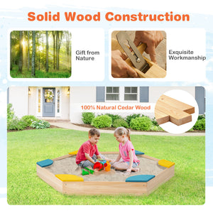 Outdoor Solid Wood Sandbox with 6 Built-in Fan-shaped Seats for Kids with Cover