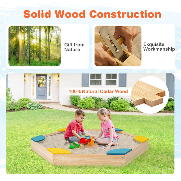 Outdoor Solid Wood Sandbox with 6 Built-in Fan-shaped Seats for Kids with Cover