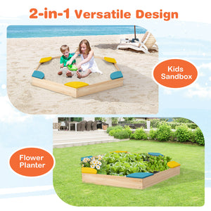 Outdoor Solid Wood Sandbox with 6 Built-in Fan-shaped Seats for Kids with Cover
