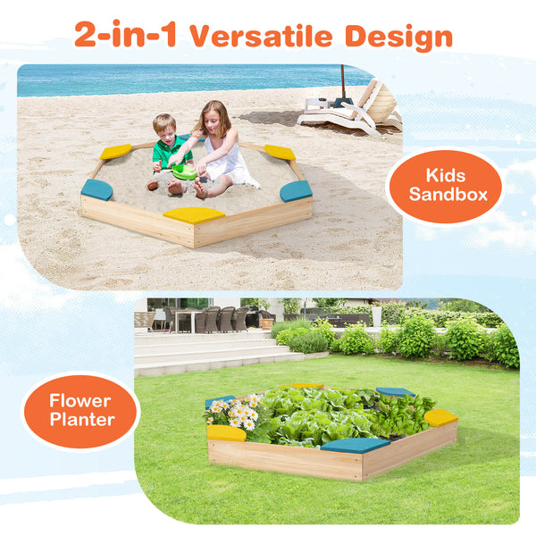 Outdoor Solid Wood Sandbox with 6 Built-in Fan-shaped Seats for Kids with Cover