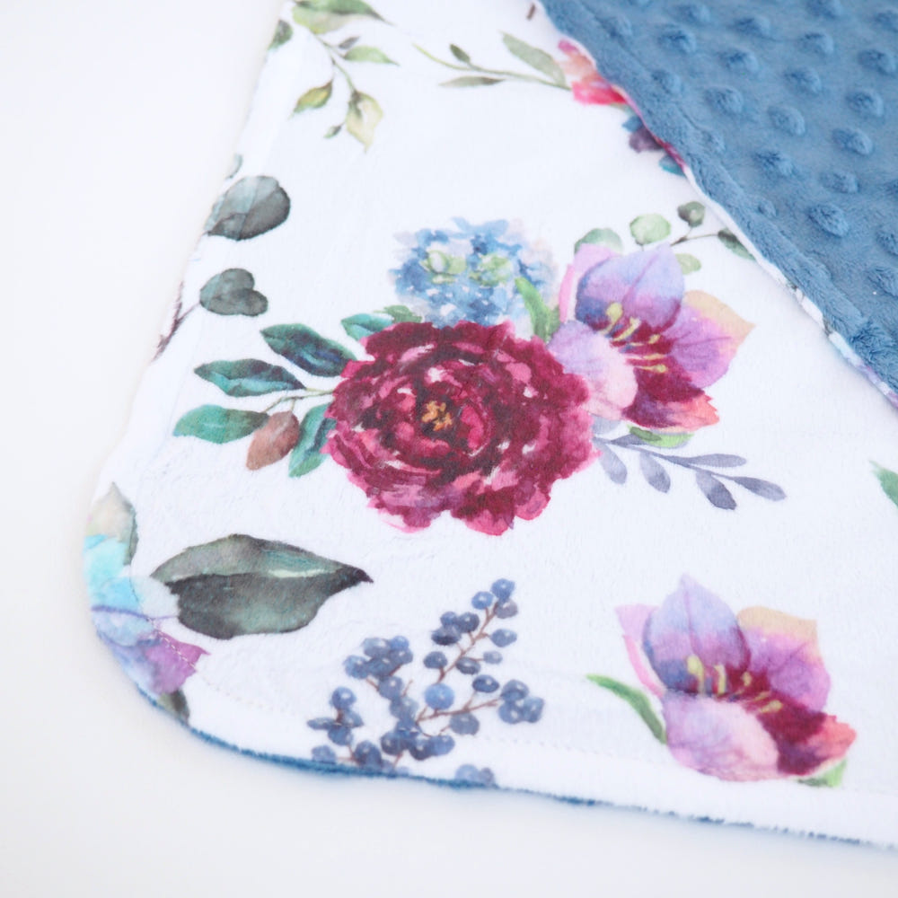 Mini Minky Blanket in Blue Floral design, perfect for babies and cozy comfort.