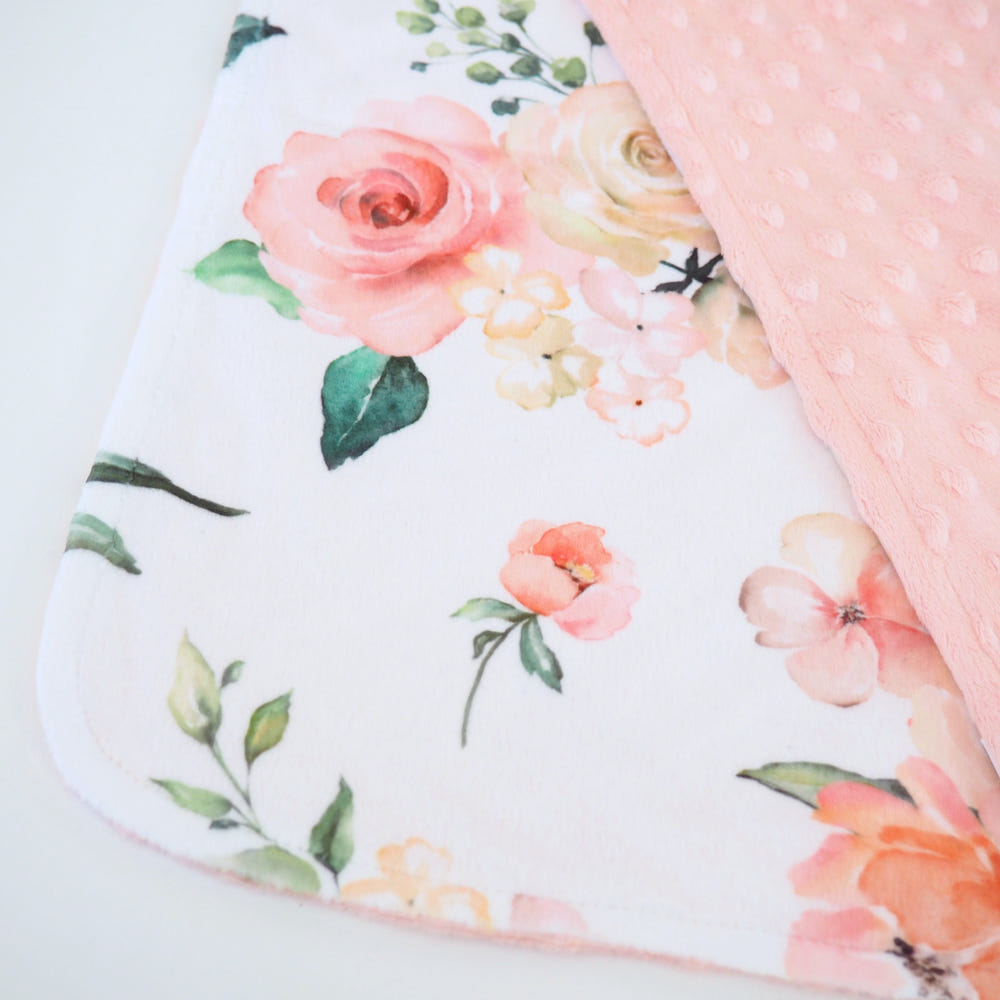 Mini Minky Blanket in Peach Floral design, perfect for babies and nurseries. Soft, cozy, and stylish.