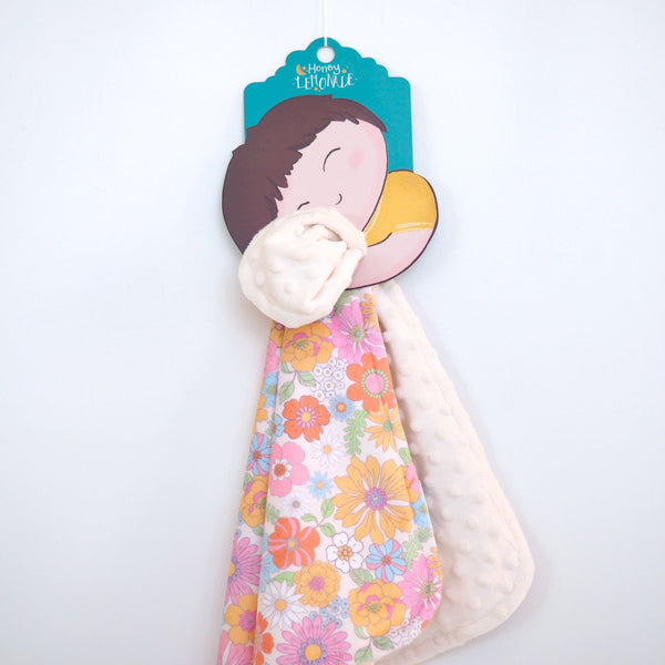 Mini Minky Blanket in Retro Floral design, perfect for cozy baby bedding and sleep. Angle 3 view.