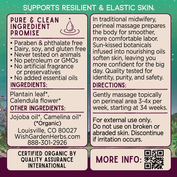 Perineum Massage Oil for birthing prep, promoting comfort and flexibility during labor. Bodycare product, angle view.