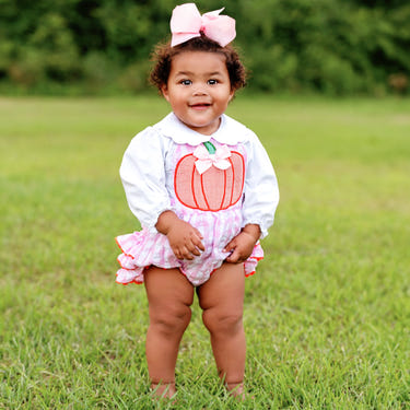 Pink Pumpkin Bubble for girls, featuring a cute pumpkin design, perfect for playful and stylish baby outfits.