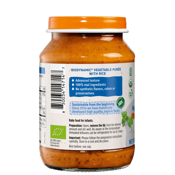 Holle Organic Baby Food Jar - Veggie Risotto, 12 jars, angle 3 view showcasing healthy baby meal options.