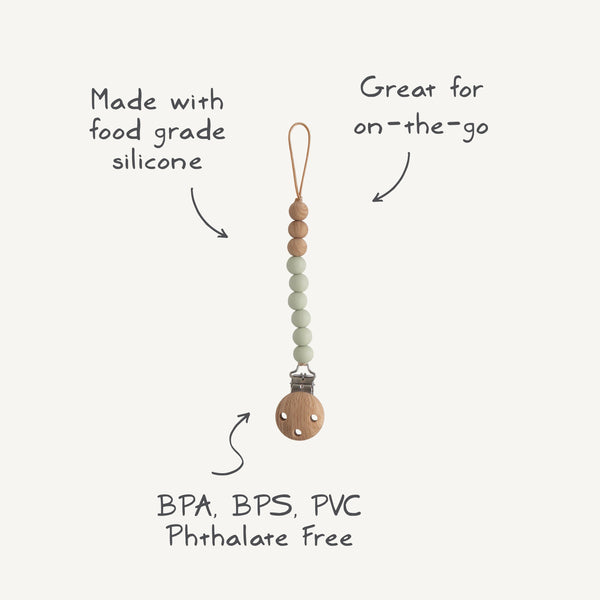 Silicone pacifier clip by Eva in angle 14, perfect for keeping pacifiers clean and within reach.