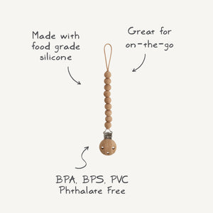 Silicone pacifier clip by Hera, stylish and safe for babies, shown at angle 10.