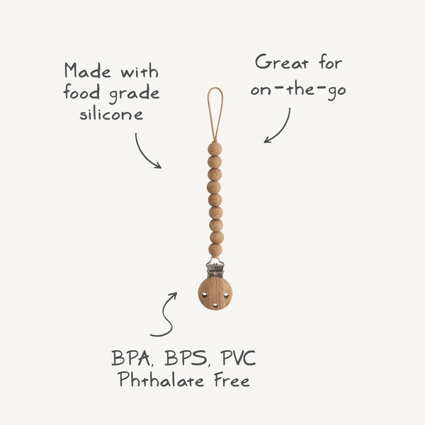 Silicone pacifier clip by Hera, stylish and safe for babies, shown at angle 10.