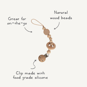 Silicone pacifier clip Mila in angle view, perfect for keeping pacifiers secure and stylish for babies.