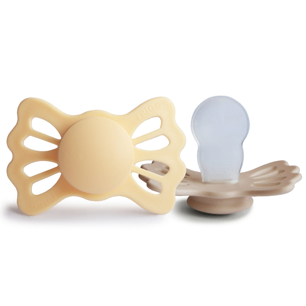 FRIGG Lucky Symmetrical Silicone Pacifier 2-Pack for babies 6-18 months, featuring soft, safe silicone design.