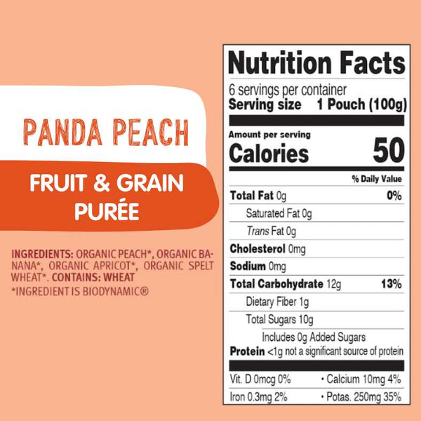 Organic Panda Peach Fruit & Grain Purée pouch, angle 4, showcasing healthy baby food in a vibrant, eco-friendly package.