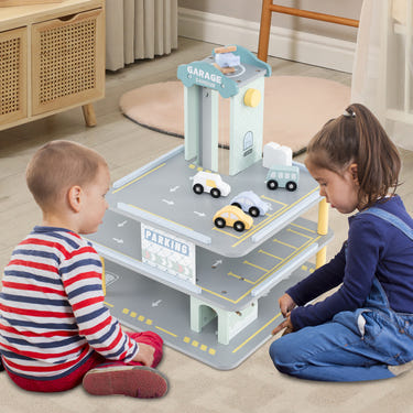 Parking Garage Playset with 4 Cars and Helicopter-Gray