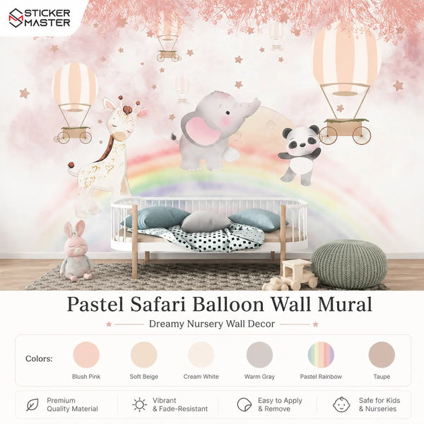 Pastel Safari Balloon Wall Mural | Nursery Wallpaper
