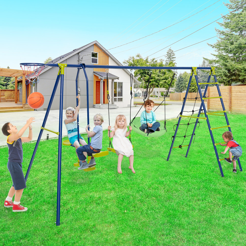 550 LBS 6-in-1 Patio Kids Swing Set with Climbing Net and Ladder