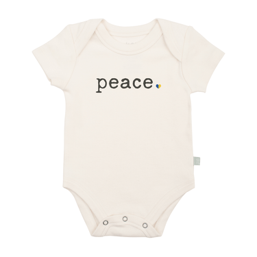 Short sleeve graphic bodysuit for babies featuring a peace design. Perfect for comfort and style.