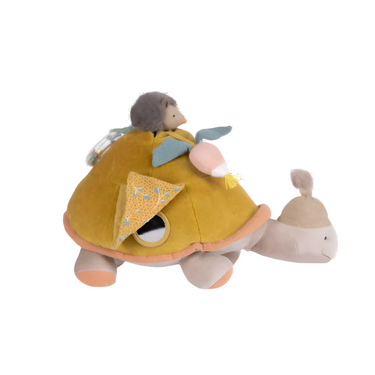 Large activity turtle "Three Little Rabbits" plush toy for babies, featuring vibrant colors and engaging textures.