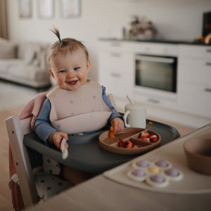Mushie Silicone Baby Bib Adjustable Neck Strap Deep Pocket
