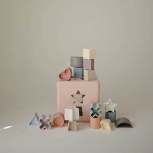 Mushie Shape Sorting Box 12 Shapes Soft Colors Made in Denmark