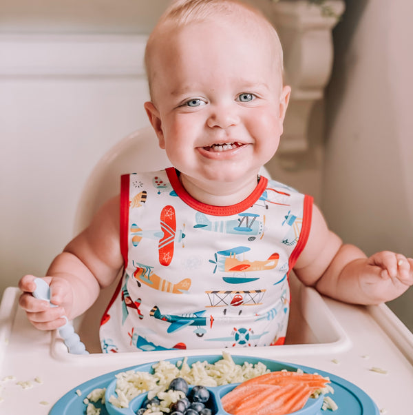 Retro Airplanes Bapron for babies, featuring a playful design, perfect for mealtime messes. Angle 7 view.