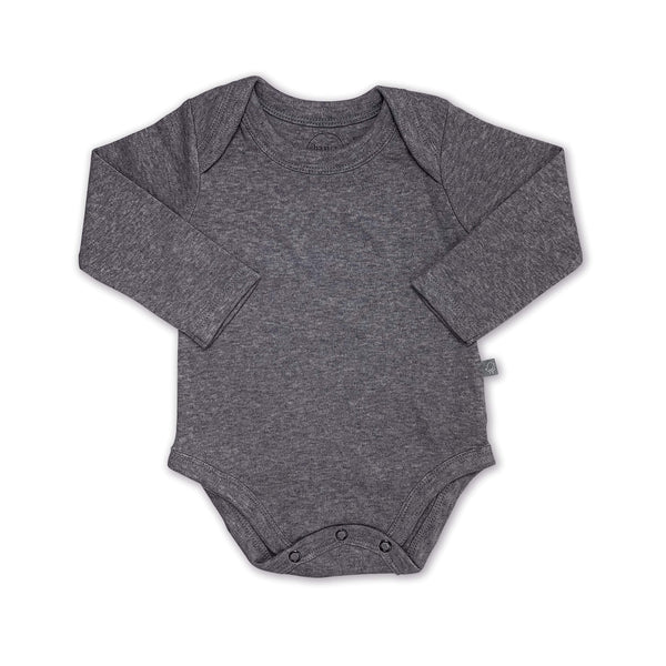 Charcoal short sleeve long bodysuit for babies, perfect for everyday wear and comfort.