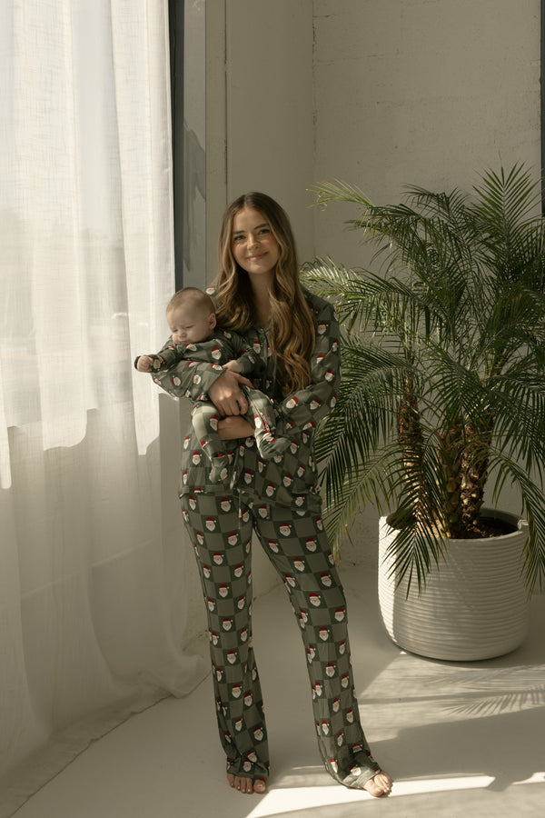 Bamboo Zip Pajamas | Santa Checkerboard