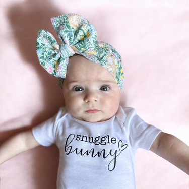 Spring Bunny Blooms Easter Baby Headwrap Bow - Adorable floral design for infants, perfect for spring celebrations.