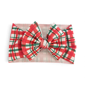 Christmas plaid baby headwrap bow in angle 2, perfect for festive outfits and cozy winter looks.