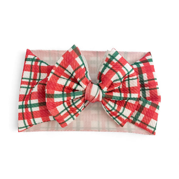 Christmas plaid baby headwrap bow in angle 2, perfect for festive outfits and cozy winter looks.