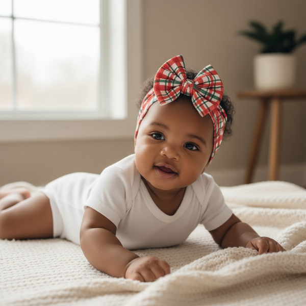 Christmas plaid baby headwrap bow, perfect for festive outfits and cozy winter looks. Angle 3 view.