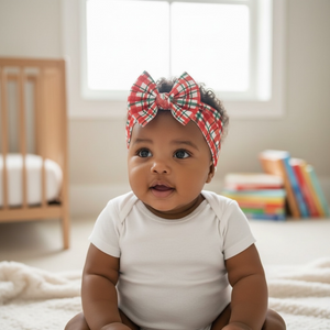 Christmas plaid baby headwrap bow, perfect accessory for festive outfits in hats, socks, and mittens category.
