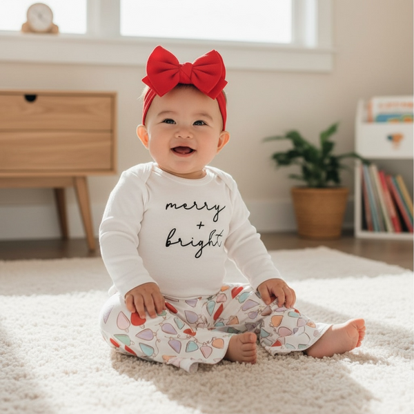 Merry & Bright Christmas Lights Bell Bottom Outfit for babies, festive holiday clothing angle view.